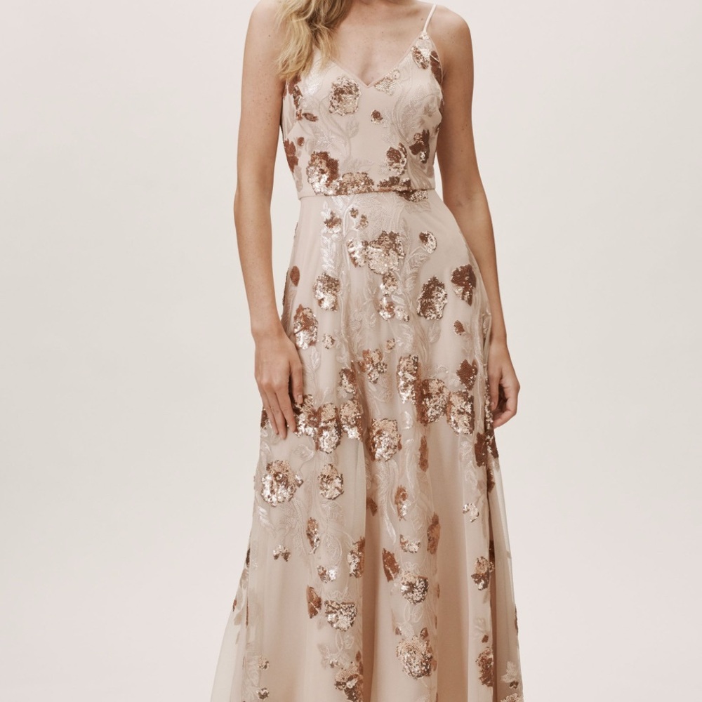 BHLDN Elegant Cream and Gold Sequin Maxi Dress